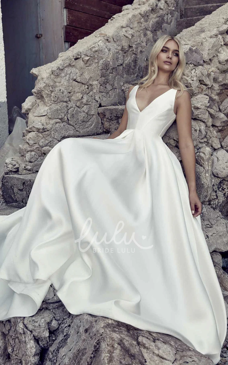 Satin Ball Gown with Plunging V-neck and Open Back A-line Wedding Dress