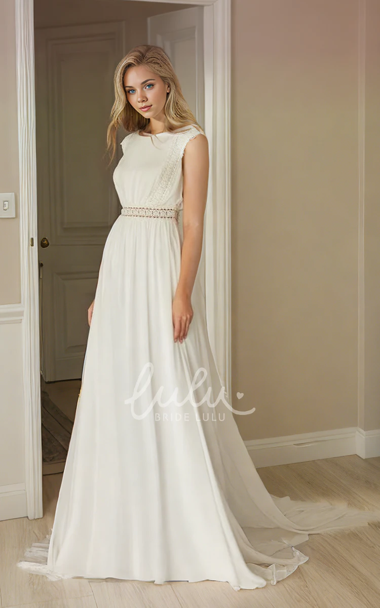 Vintage Modest Jewel Neck A-Line Chiffon Lace Wedding Dress Elegant Bohemian Sleeveless Floor-length with Draping Train Button Illusion Back Bridal Gown