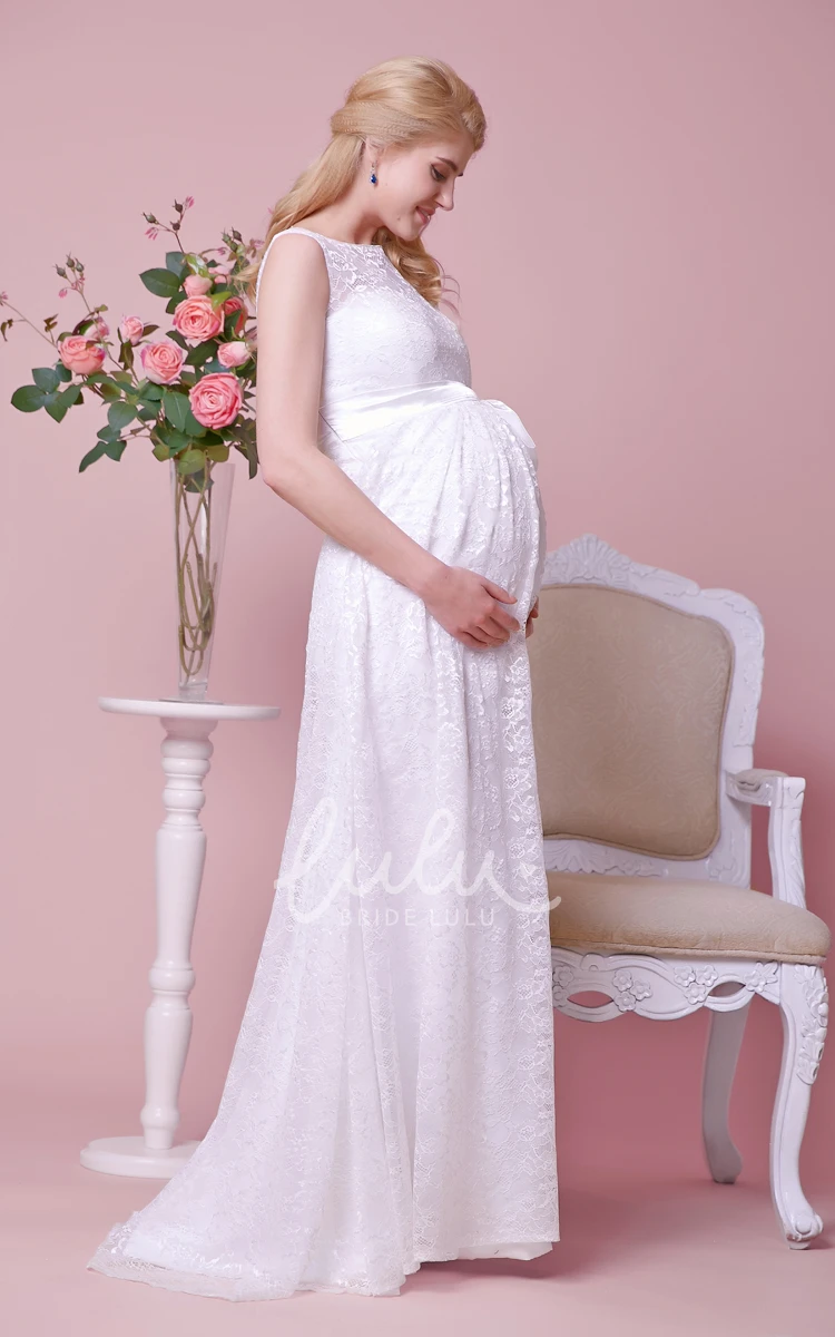 Lace Cap-Sleeved Maternity Wedding Dress with Bateau Neck and Satin Bow