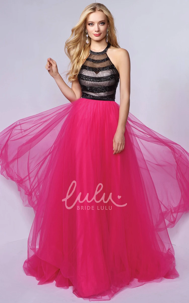 Jewel-Neck Tulle A-Line Formal Dress with Beading Floor-Length