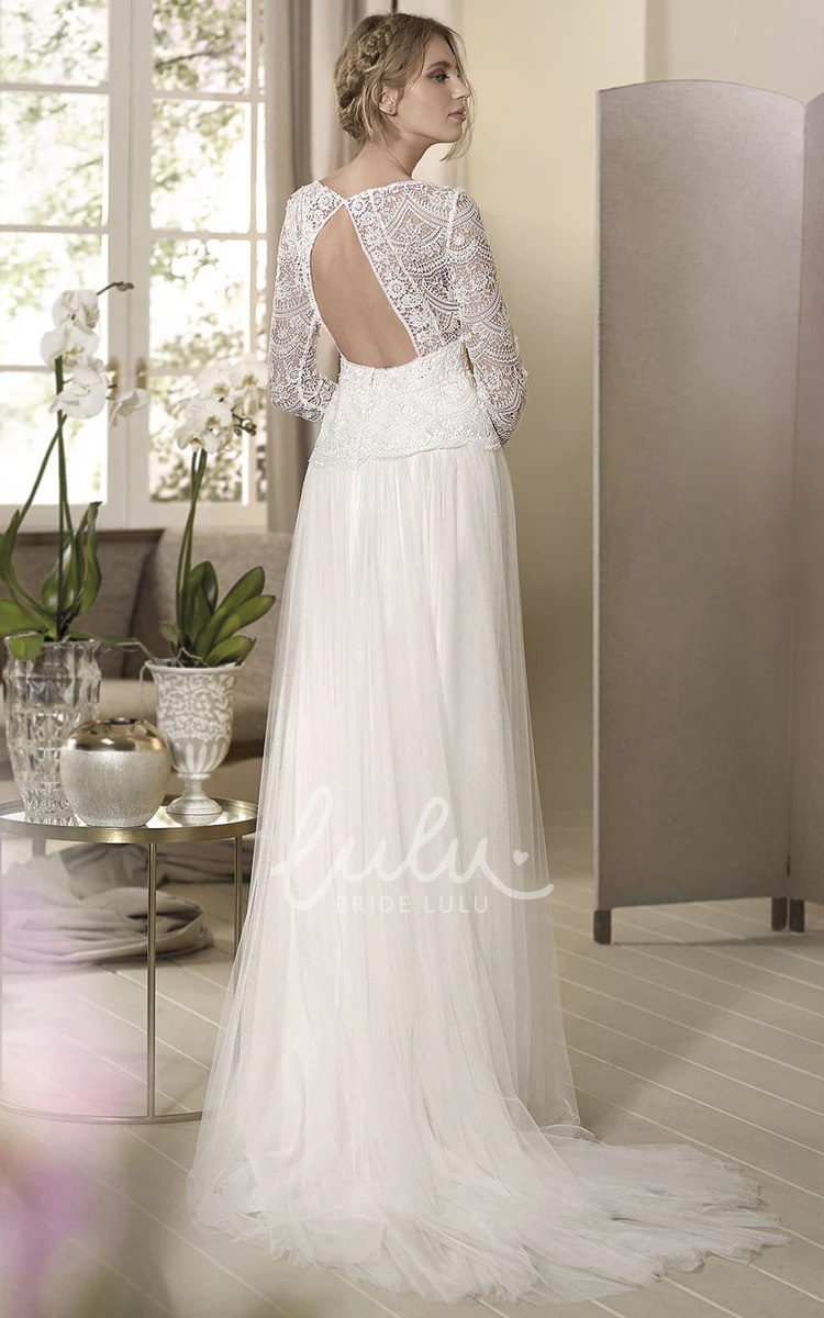 Lace Keyhole Sheath Tulle Wedding Dress with Square Neck and Long Sleeves
