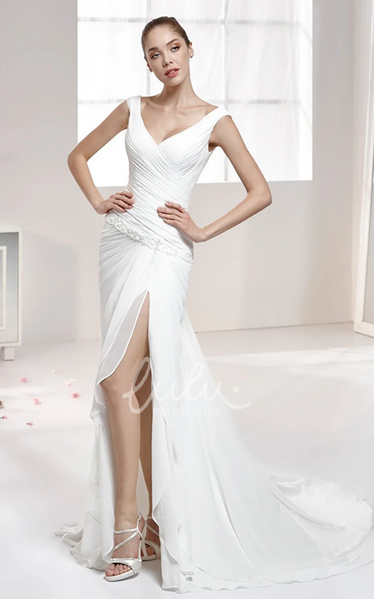 Cap Sleeves Sweetheart Wedding Gown with Side Split and Pleating Flowy Bridal Dress