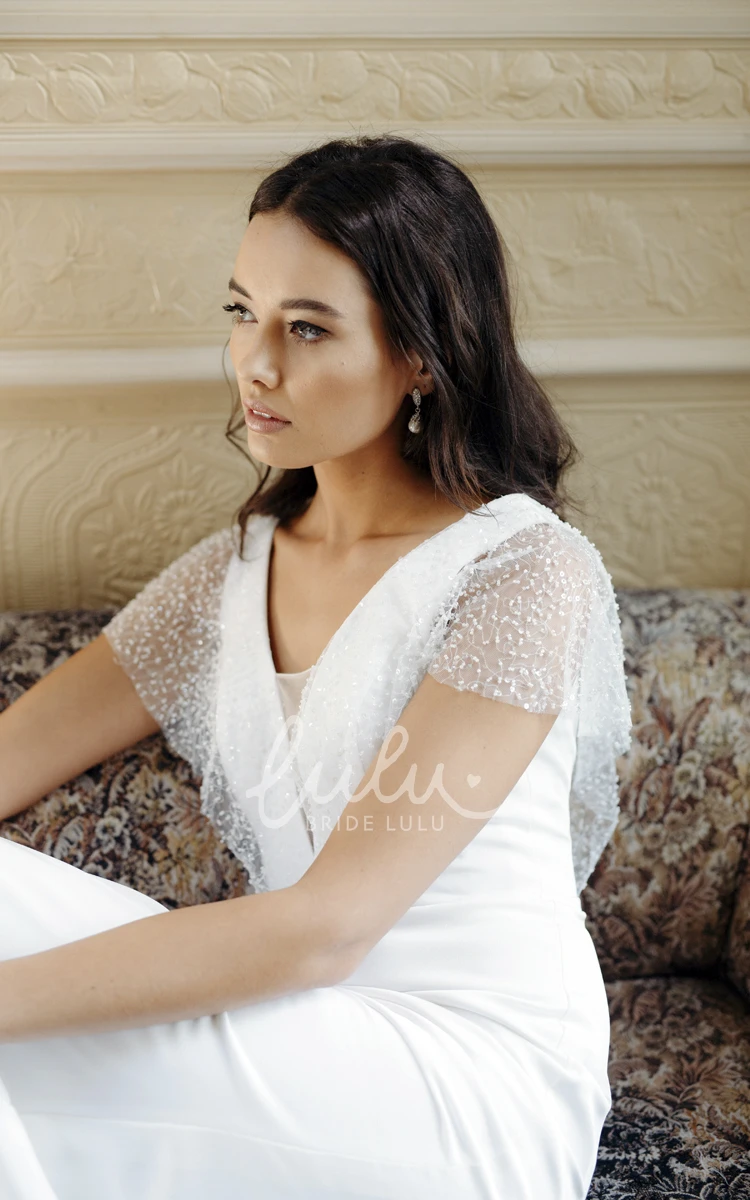 Sheath Wedding Dress with Illusion Beaded Sleeves and Court Train