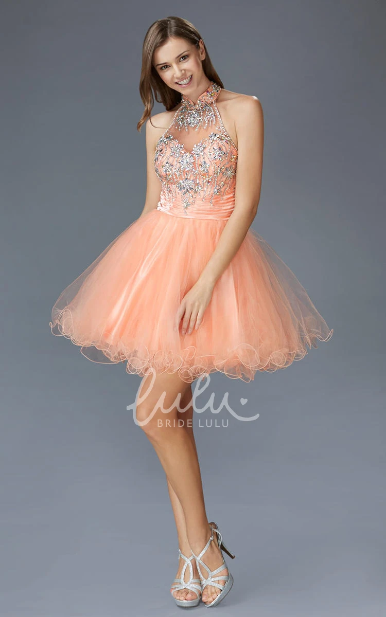 High Neck Tulle Ruffled Formal Dress with Beading