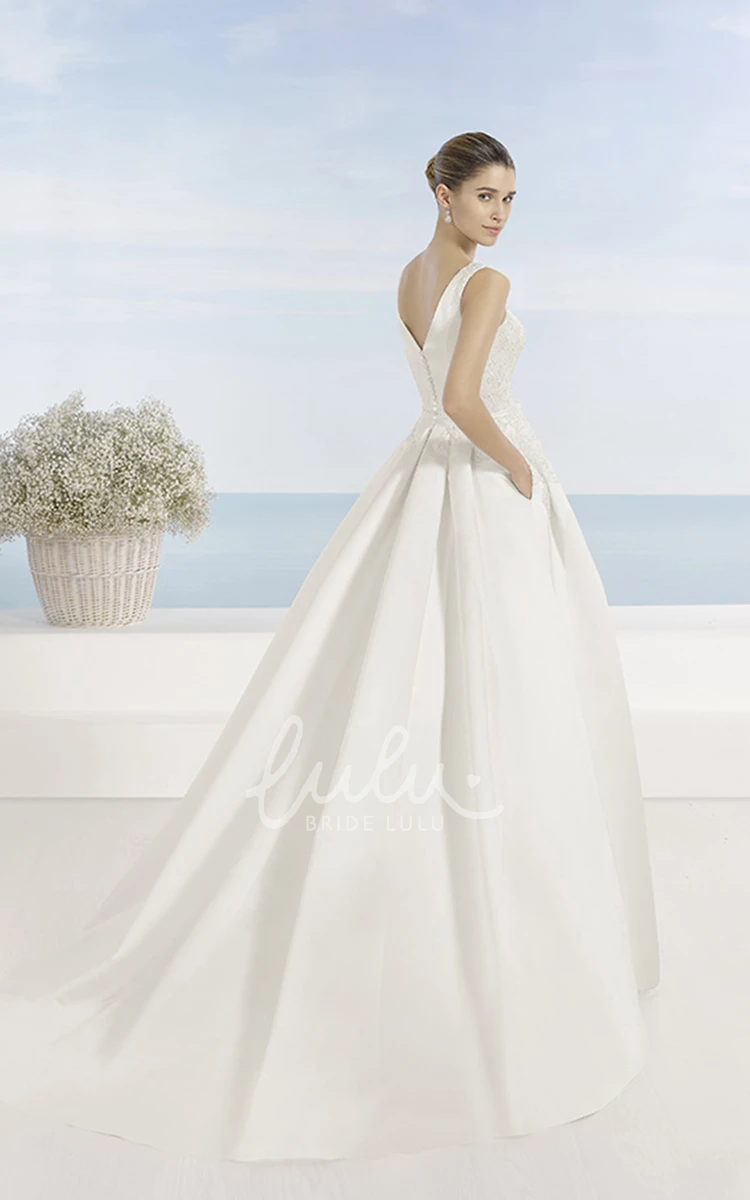 Appliqued Satin Wedding Dress with V Back and Sweep Train in A-Line Style