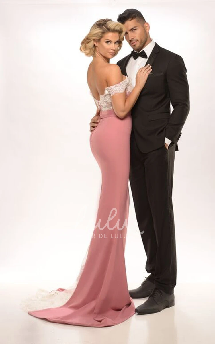 Long Off-The-Shoulder Jersey Prom Dress with Trumpet Silhouette and Appliqued Bodice