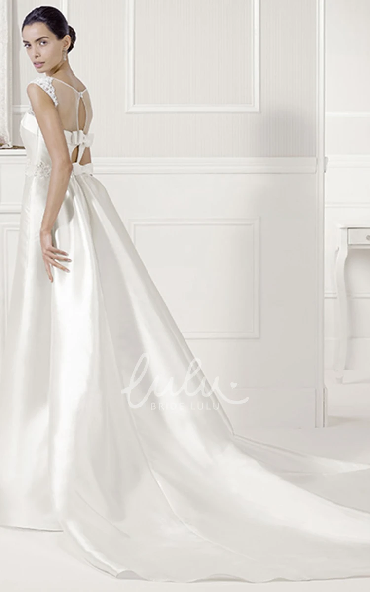 Lace Satin Bridal Gown with Back Keyholes and Bows Jewel Neck Romantic Wedding Dress