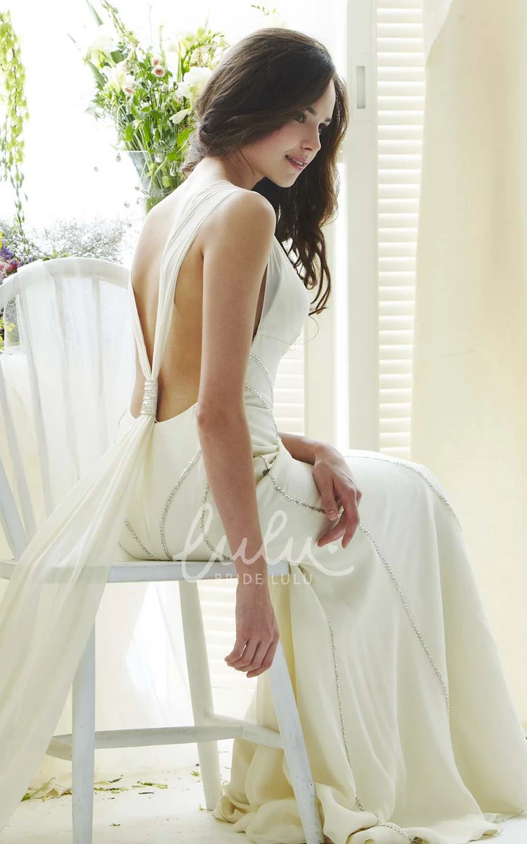 Sleeveless V-Neck Chiffon Wedding Dress with Low-V Back Flowy Sheath Style