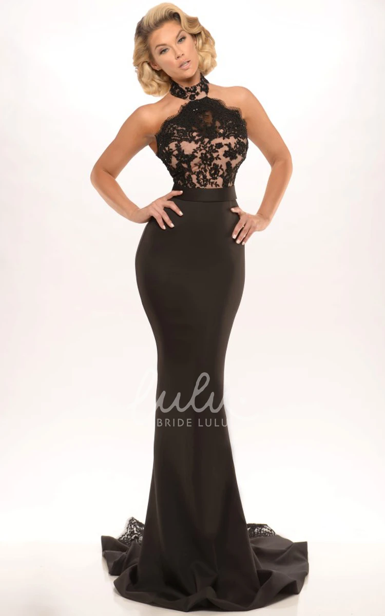 Lace High Neck Sleeveless Sheath Prom Dress with Backless Style and Sweep Train Elegant Formal Dress