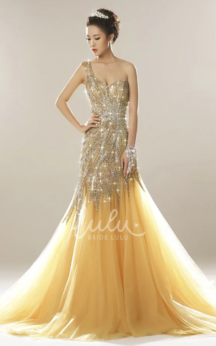 Luxury Tulle Mermaid Formal Dress with One Shoulder and Open Back