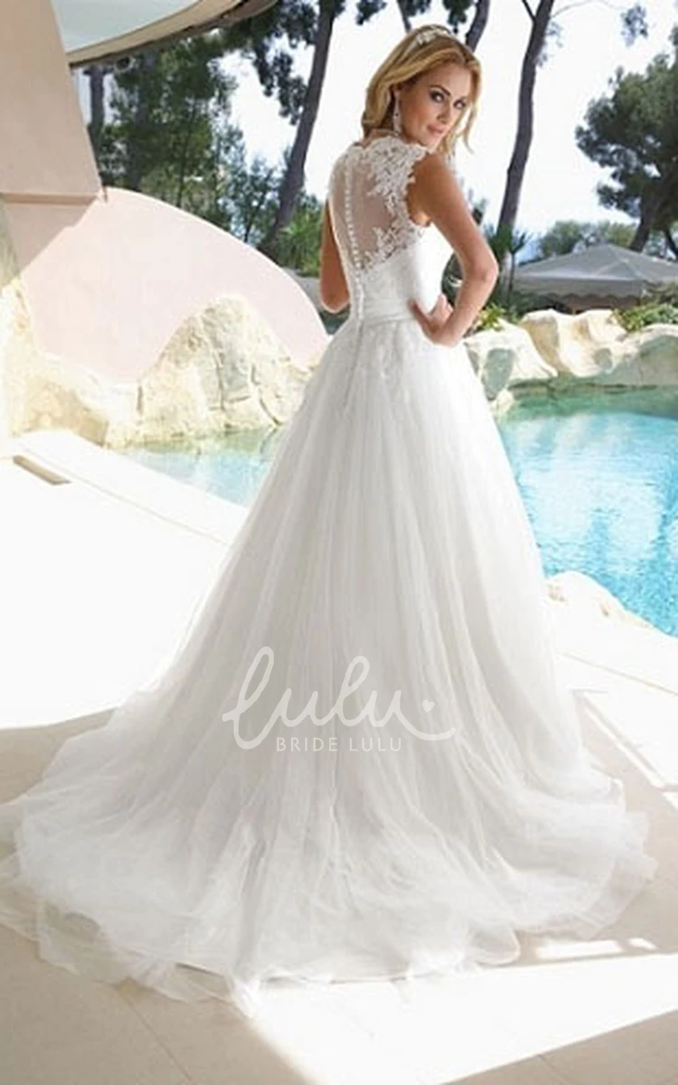 Queen Anne Illusion A-Line Wedding Dress with Tulle Elegant Bridal Gown