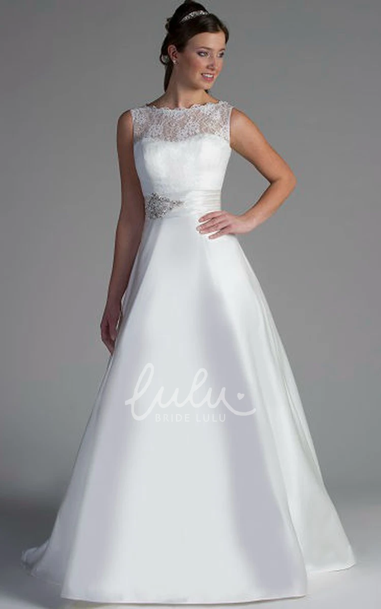 Bateau Neck Lace A-Line Satin Bridal Dress With Beading Sash