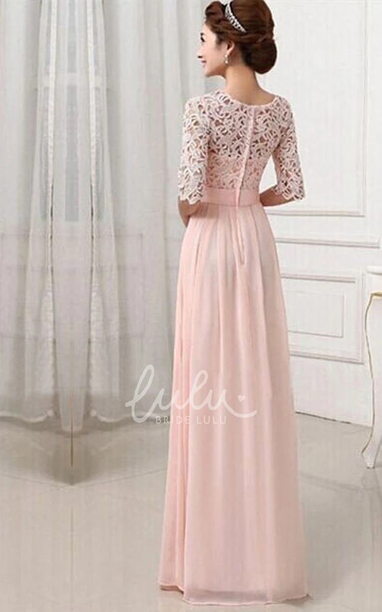 Long Bridesmaid Gown Chiffon with Lace Bodice and Belt Scoop Half Sleeve