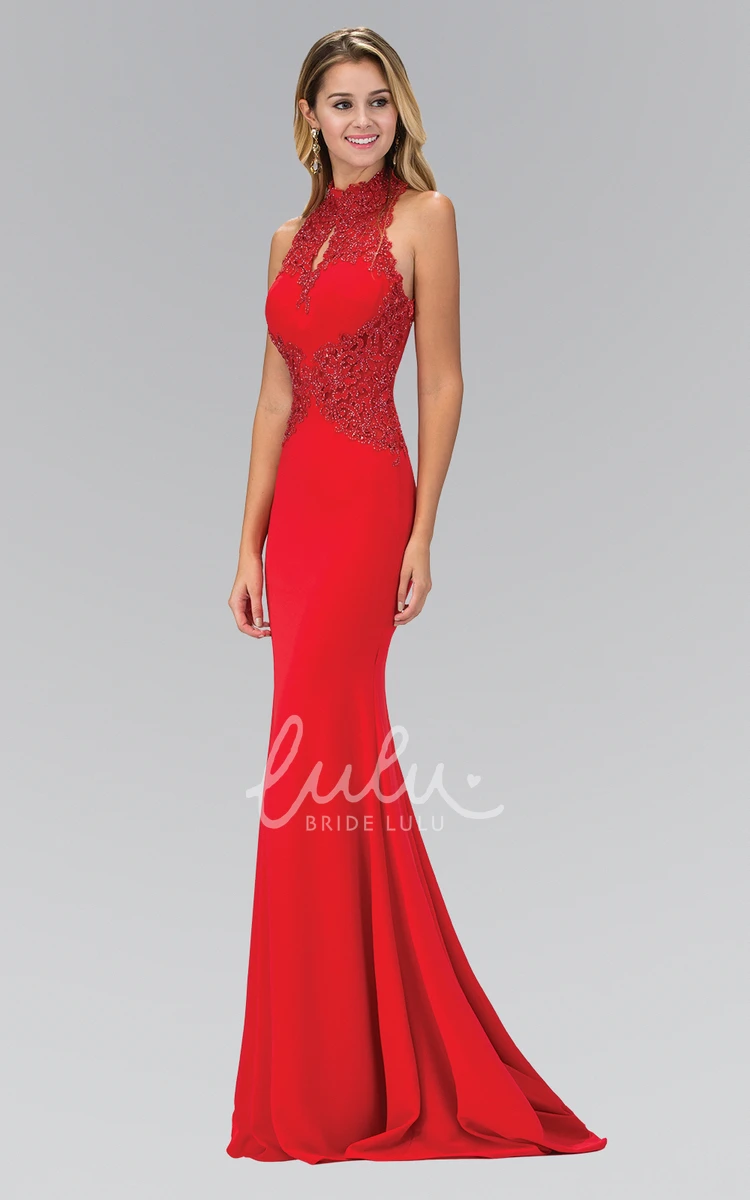High Neck Sleeveless Sheath Jersey Formal Dress with Beading and Appliques