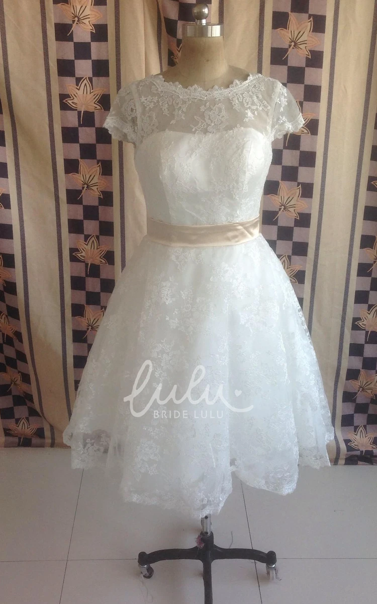 Vintage Short Sleeve Jewel Neck Lace Wedding Dress Classy Bridal Gown