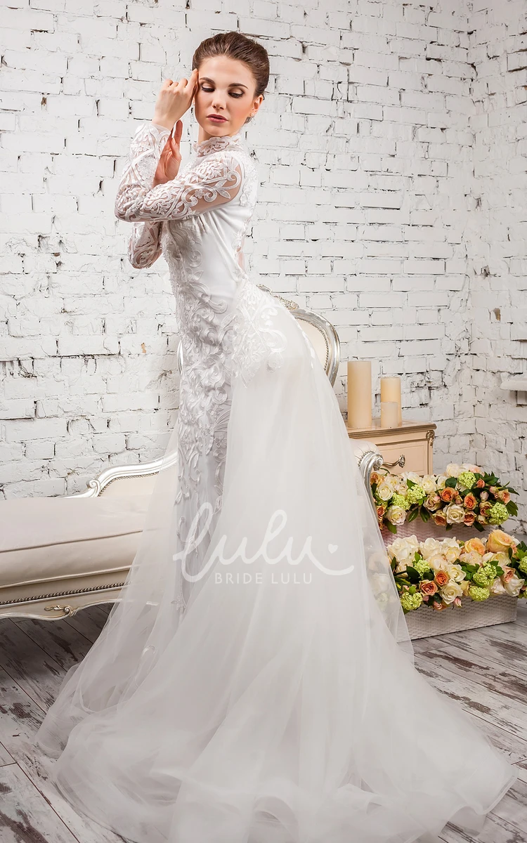 High-Neck Lace & Tulle Sheath Wedding Dress with Appliques