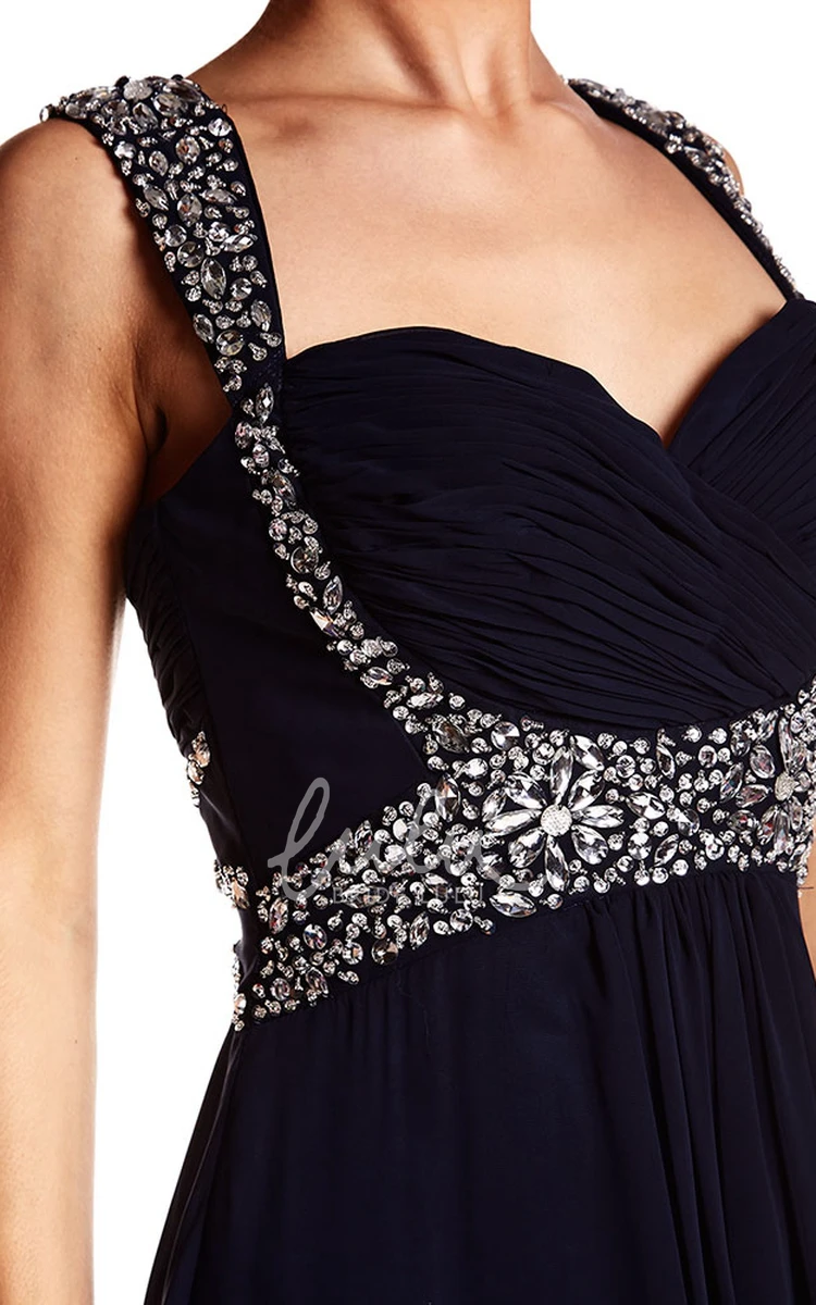 Strapped Beaded Chiffon Prom Dress with Criss Cross Charm