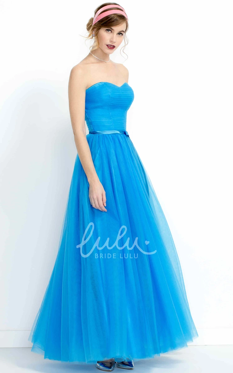 Strapless A-Line Tulle Bridesmaid Dress with Pleated Skirt and Sash