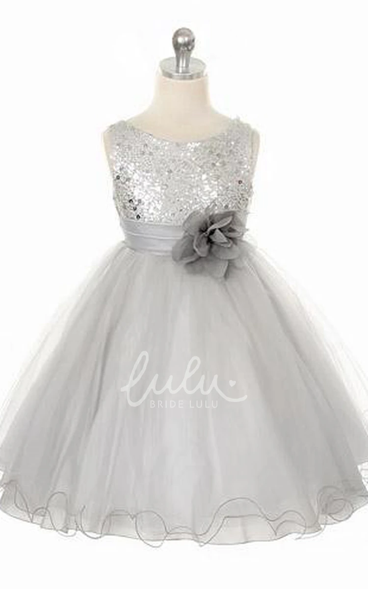 Floral Sequin & Satin Tea-Length Flower Girl Dress with Ribbon