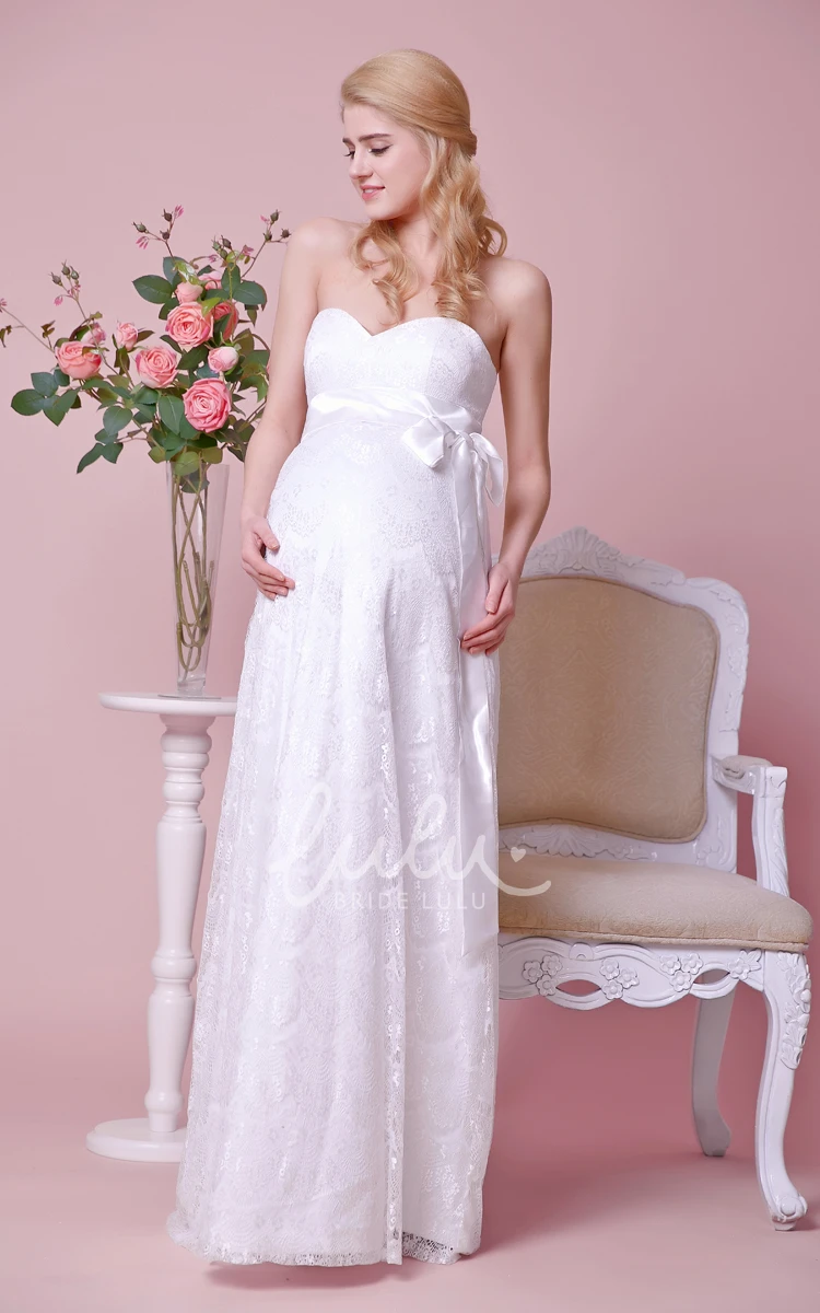 Strapless Lace Maternity Wedding Dress Satin Bow & Empire Waist