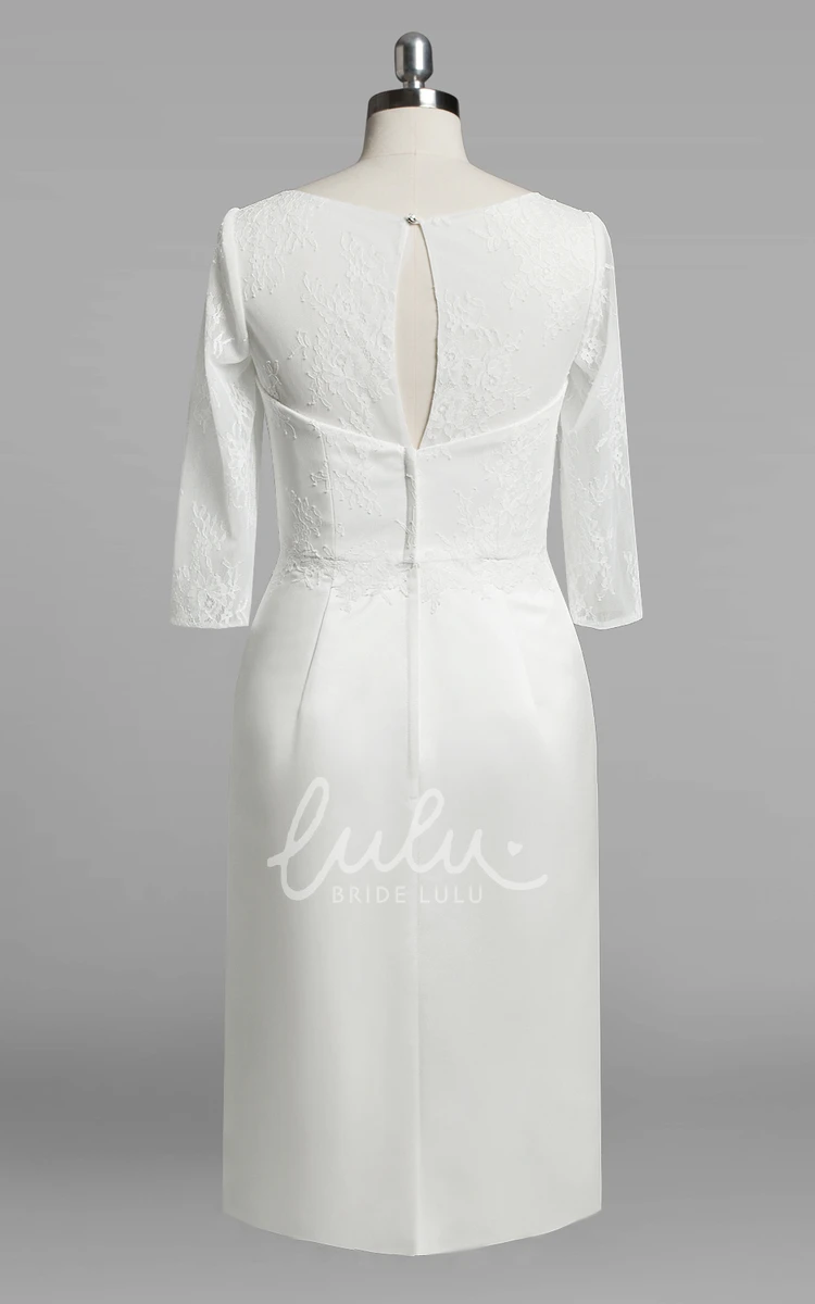 Satin Sheath Wedding Dress with Lace Bodice and 3/4 Sleeves