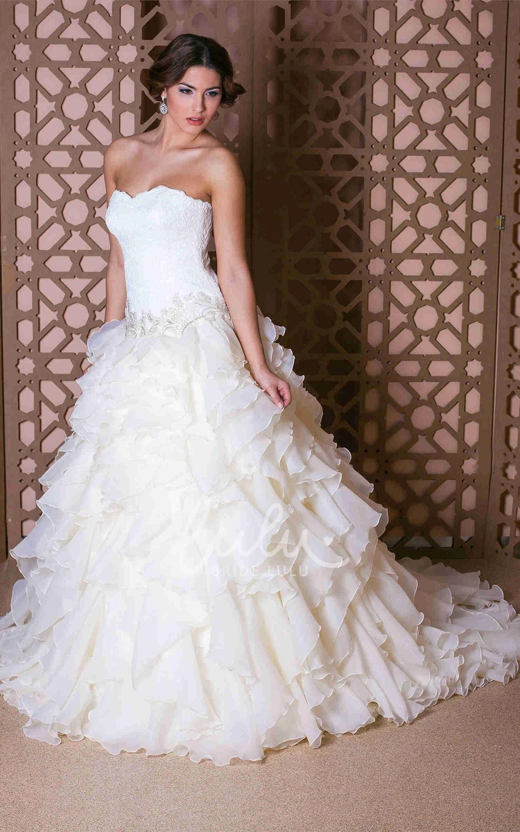 Strapless Organza Ball Gown Wedding Dress with Jeweled Cascading Ruffles