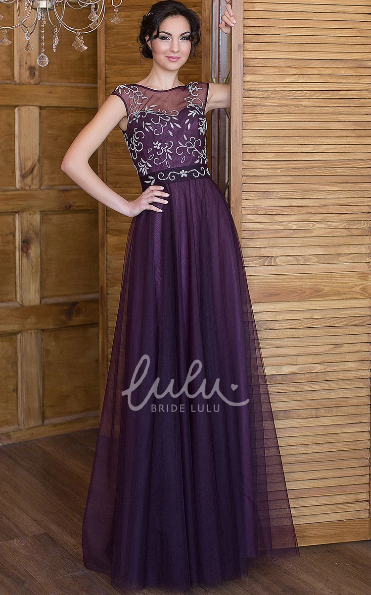 A-Line Tulle Beading Floor-Length Dress with Bateau Neckline and Short Sleeves