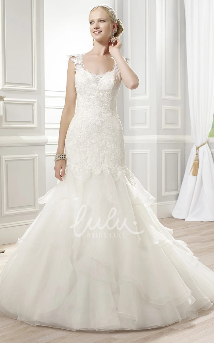 A-Line Lace&Organza Wedding Dress with Ruffles and Deep-V Back Sleeveless Floor-Length