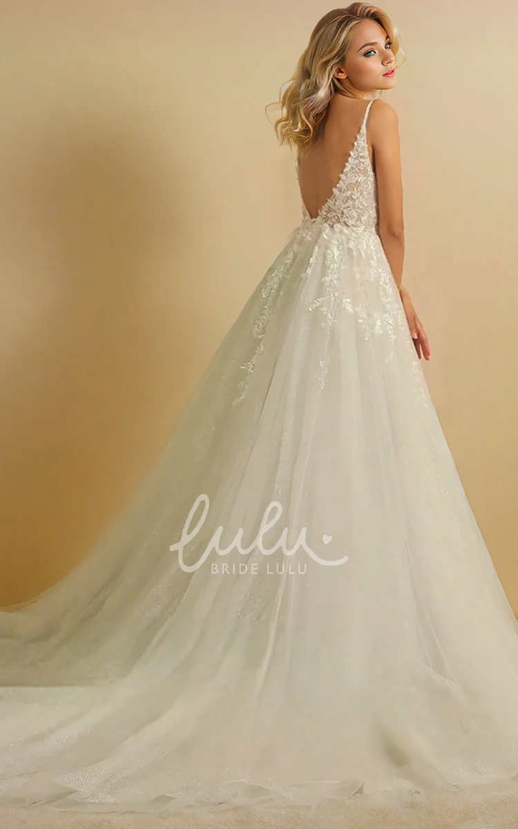 Adorable Modern Sexy A-Line Boho Lace Wedding Dress Spaghetti Strap Deep V Back Court Train Bridal Gown