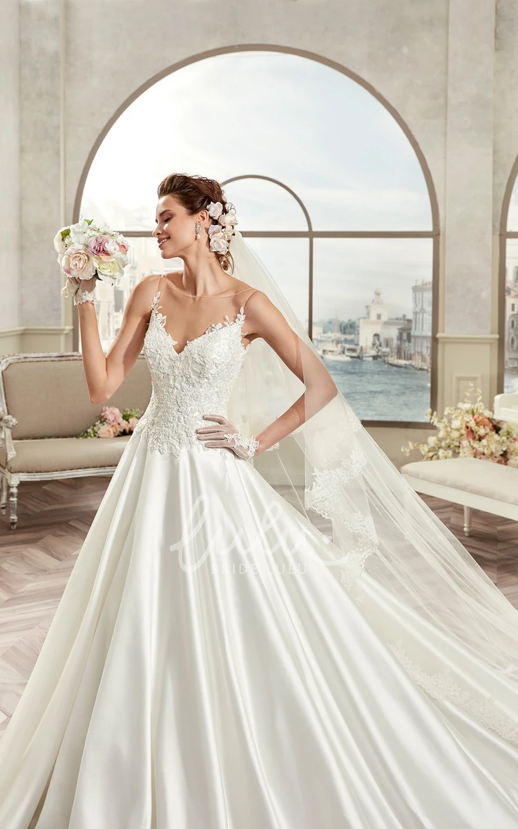 A-Line Satin Wedding Dress with Sweetheart Lace Bodice and Spaghetti Straps Classic Bridal Gown