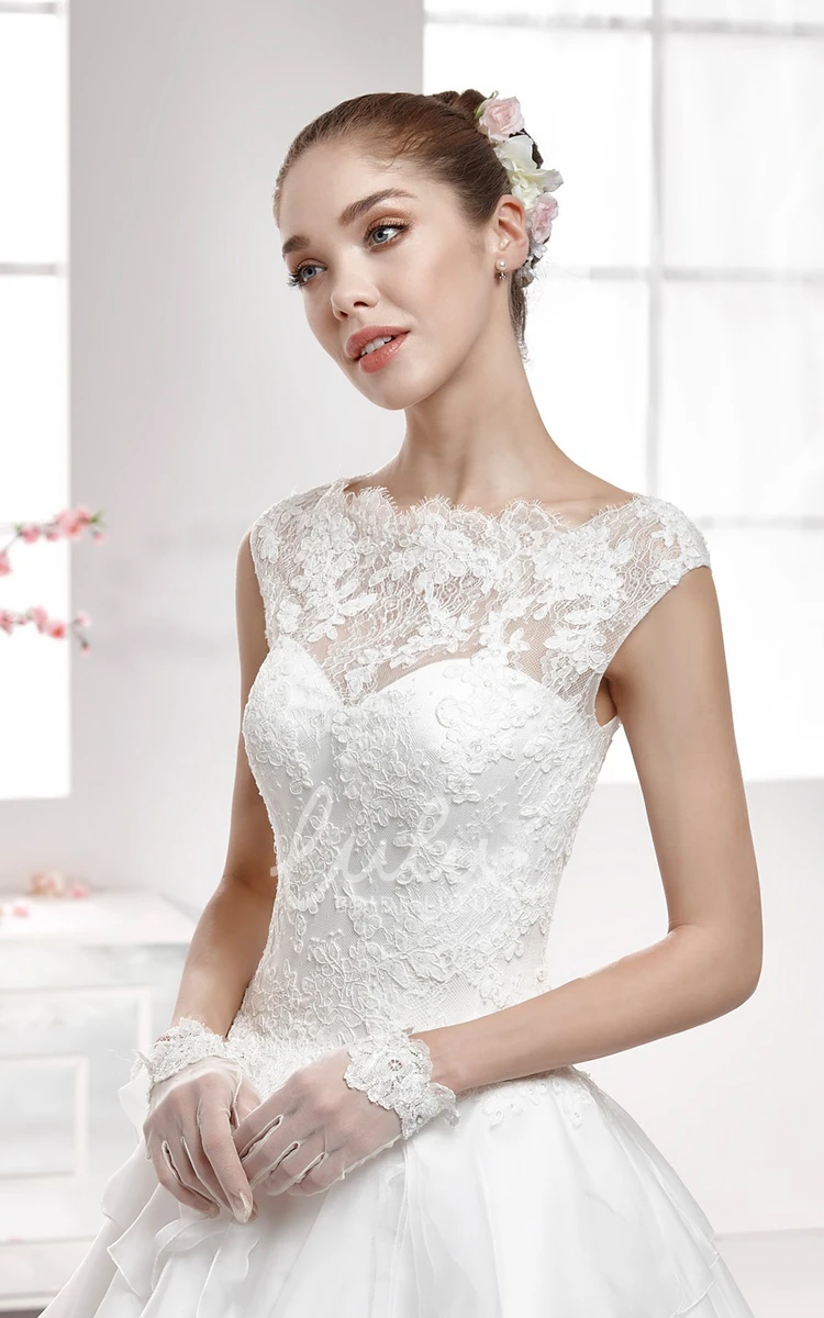 Scalloped Edge Cap-Sleeve A-Line Wedding Dress with Tier Skirt