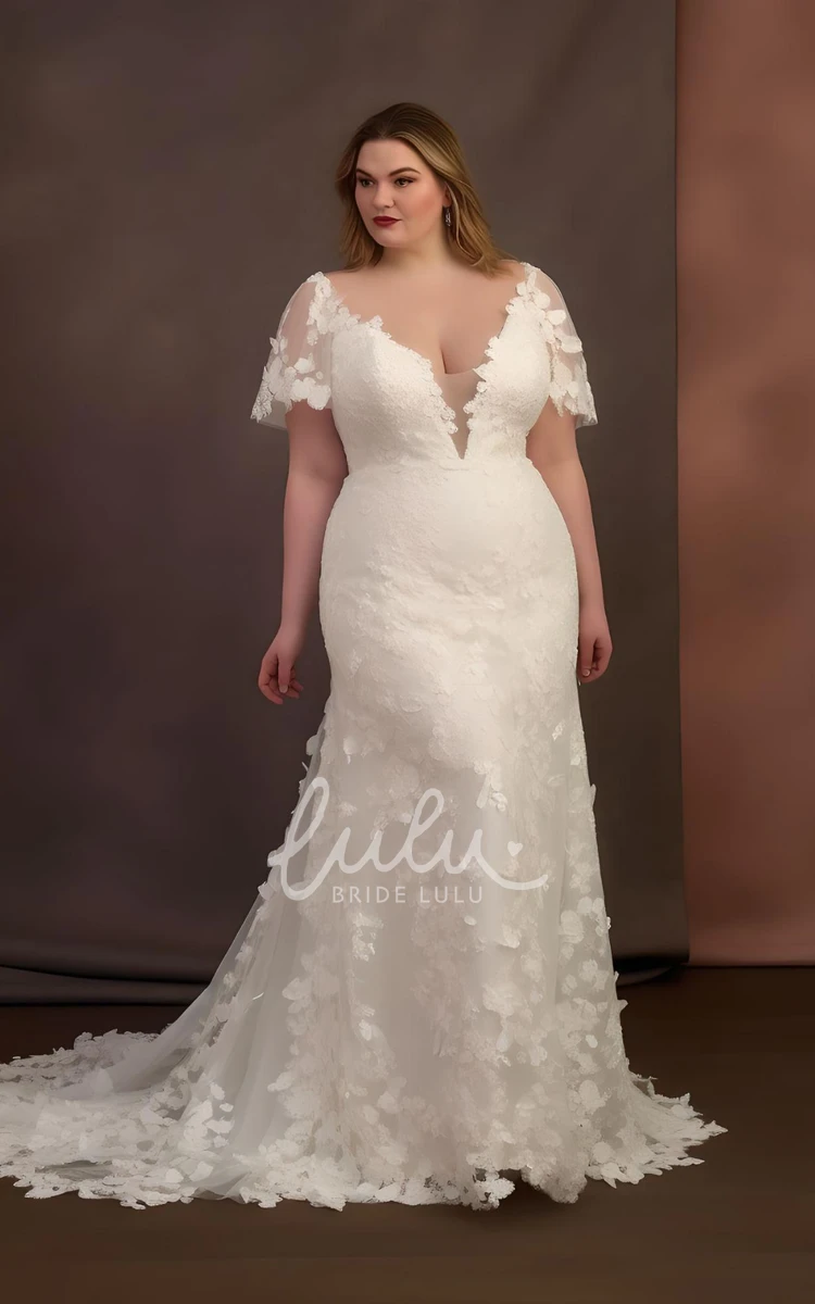 Bohemian Lace Tulle Plus Size Short Sleeve Wedding Dress with Appliques Garden Style