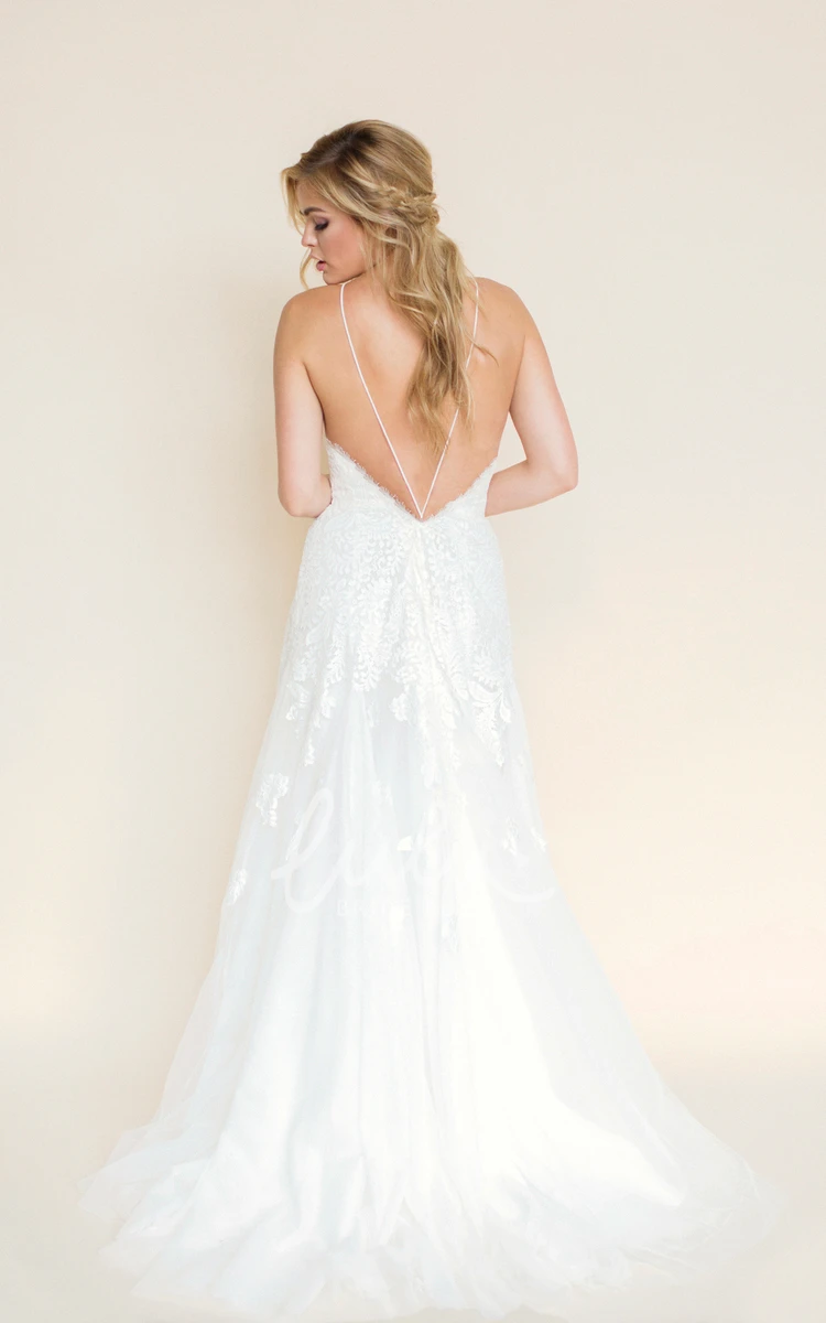 Appliqued A-Line Spaghetti Strap Wedding Dress with Flowy Skirt