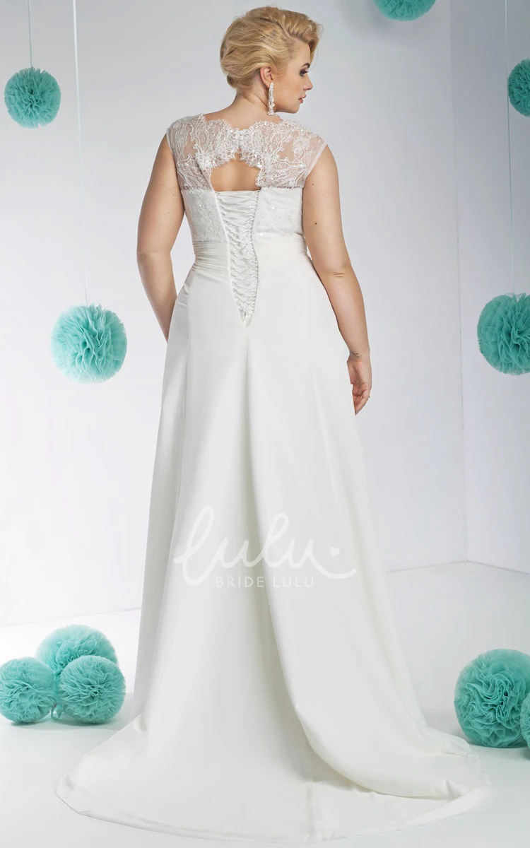 Plus Size Lace Bateau-Neck Wedding Dress with Cap Sleeves
