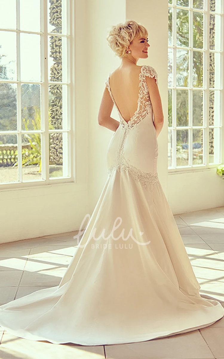 Satin Cap-Sleeve V-Neck Wedding Dress Court Train and V Back