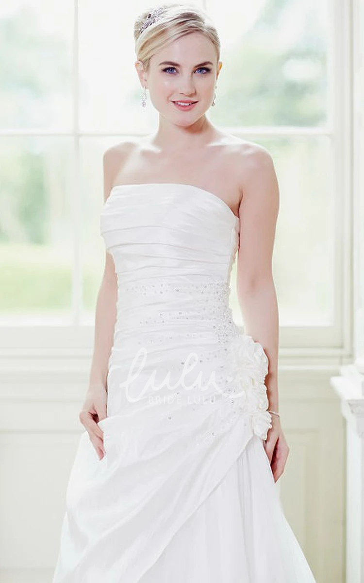 Strapless Taffeta&Tulle Wedding Dress with Beading & Flower A-Line Floor-Length