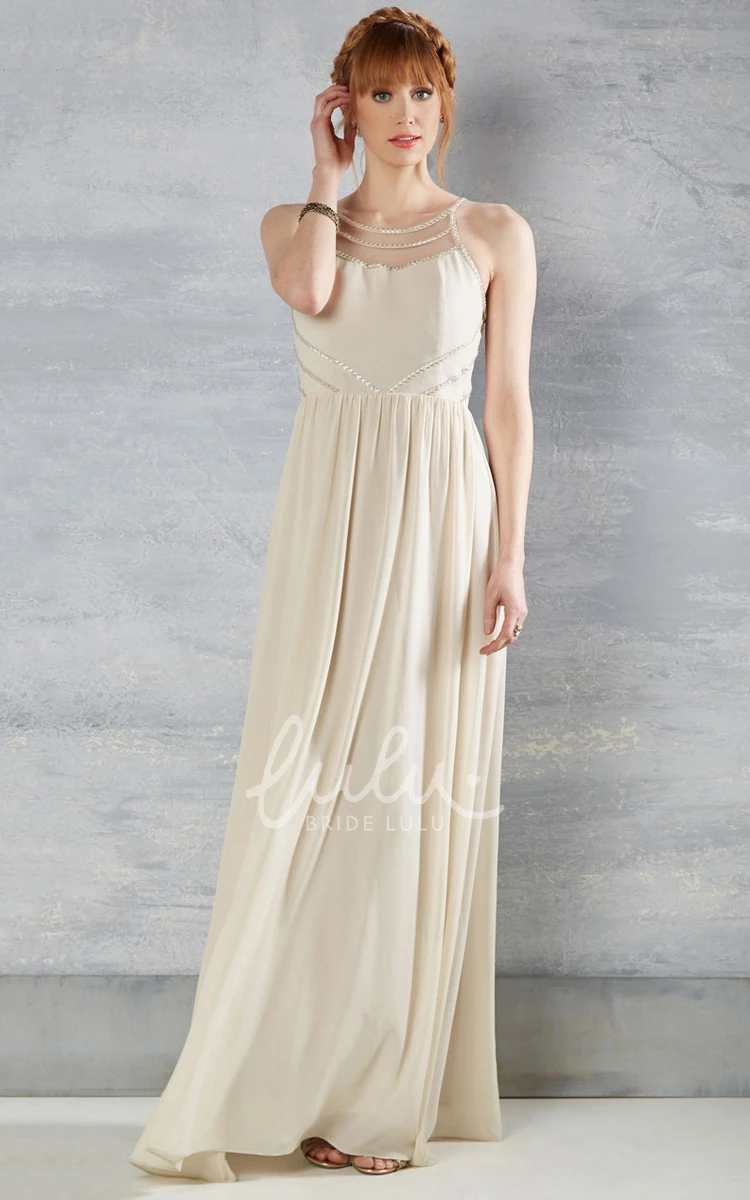 Chiffon Wedding Dress with Beading and Illusion Sleeveless Pleated Scoop Neck