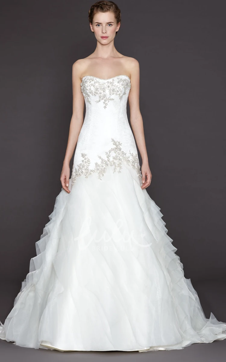 A-Line Organza Wedding Dress Beaded Sweetheart Sleeveless Floor-Length with Tiers and Ruffles