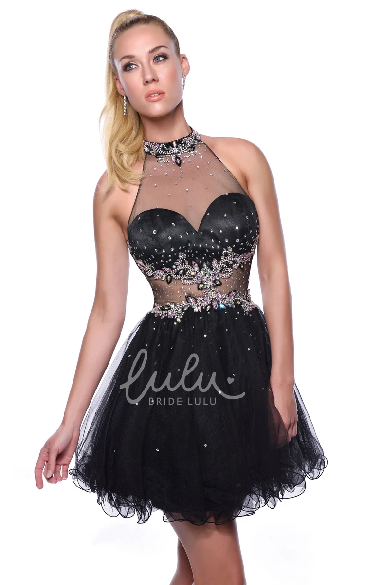 Crystal Detailed High Neck Sleeveless Short Tulle Homecoming Dress