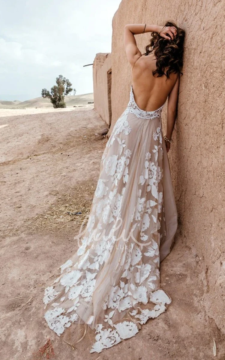 Vintage Boho Lace Halter A-Line Floor-length Wedding Dress Beach Sleeveless Open Back Flowers Lace Bridal Gown