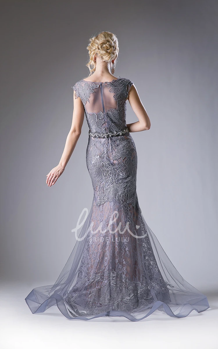 Lace Illusion Cap-Sleeve Sheath Formal Dress with Appliques and Ruffles