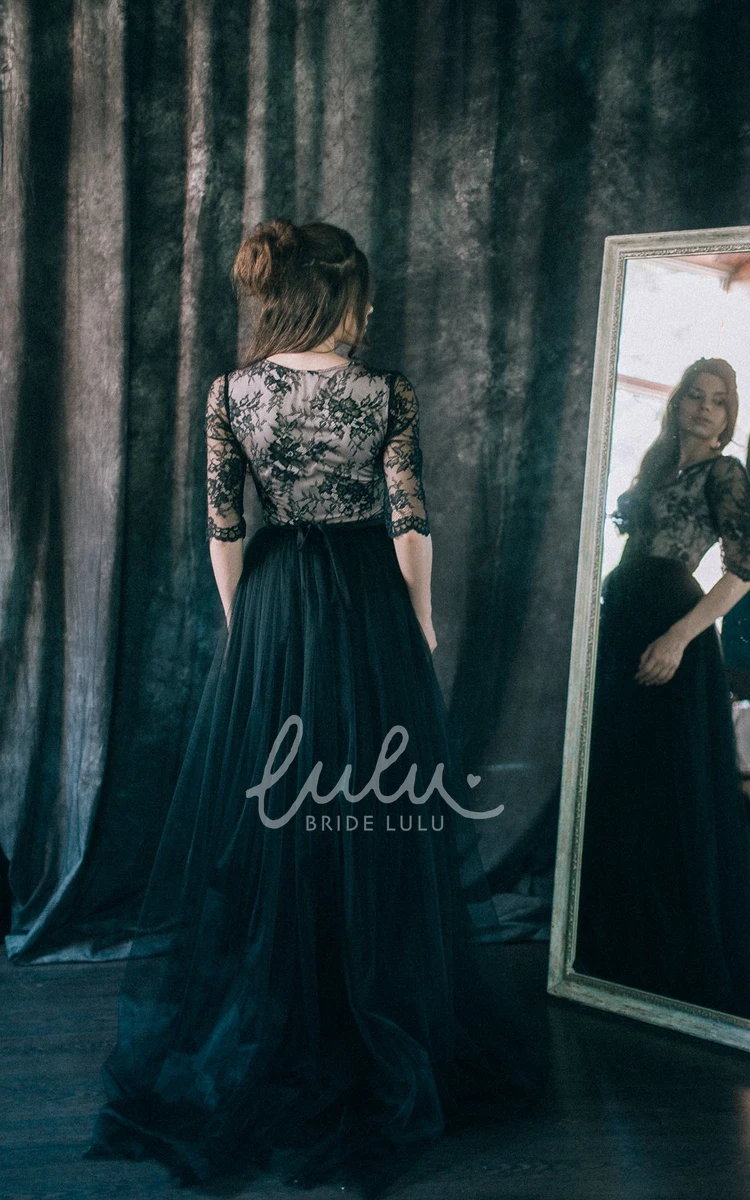 Black Lace Sheath Wedding Dress V-neck Illusion Low-V Back Long Sleeve Floor-length