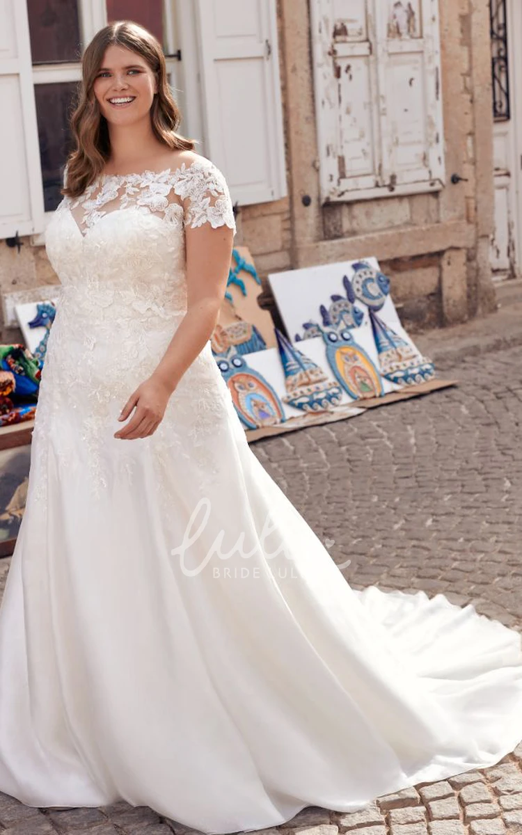 Casual Satin A Line Wedding Dress with Appliques Sweep Train Short Sleeve Bateau