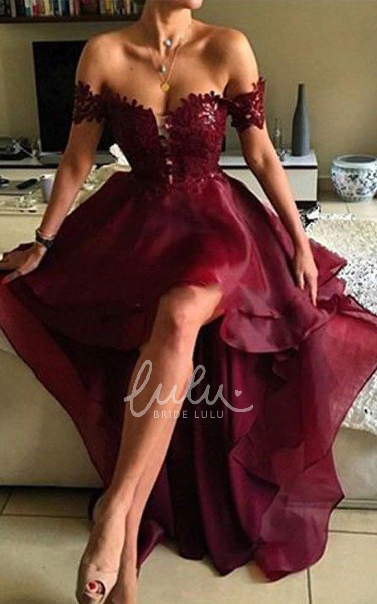Off-the-Shoulder Lace T-Shirt A-Line Prom Dress with Asymmetrical High-Low Hem