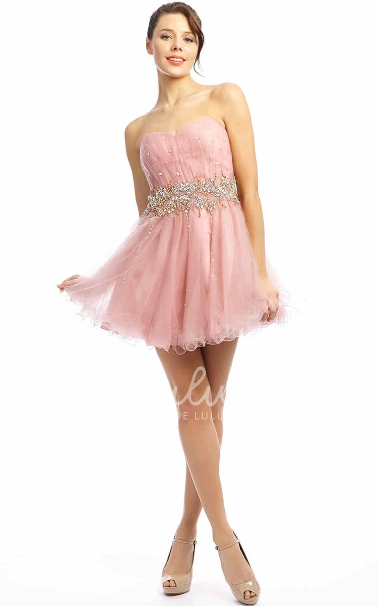 Sleeveless Sweetheart Beaded Tulle Prom Dress A Line Mini Length with Ruffles