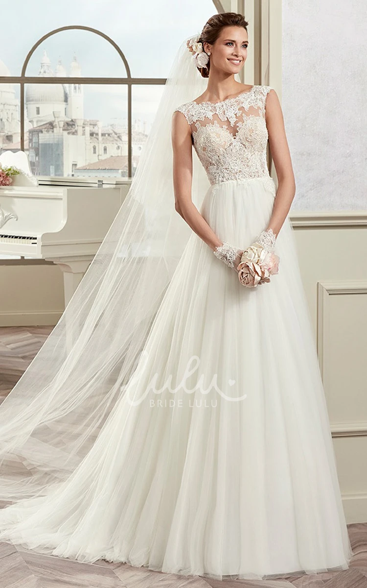 Draping Jewel-Neck Wedding Dress with Illusive Design and Cap Sleeves