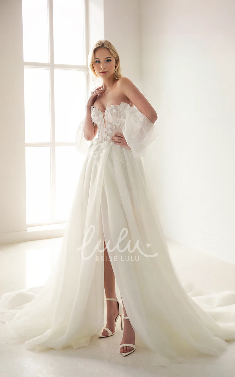 Sexy Elegant A-Line Floral Off-the-shoulder Strapless Wedding Dress Romantic Ethereal Sleeveless Floor-length Split Front Open Back Bridal Gown with Train