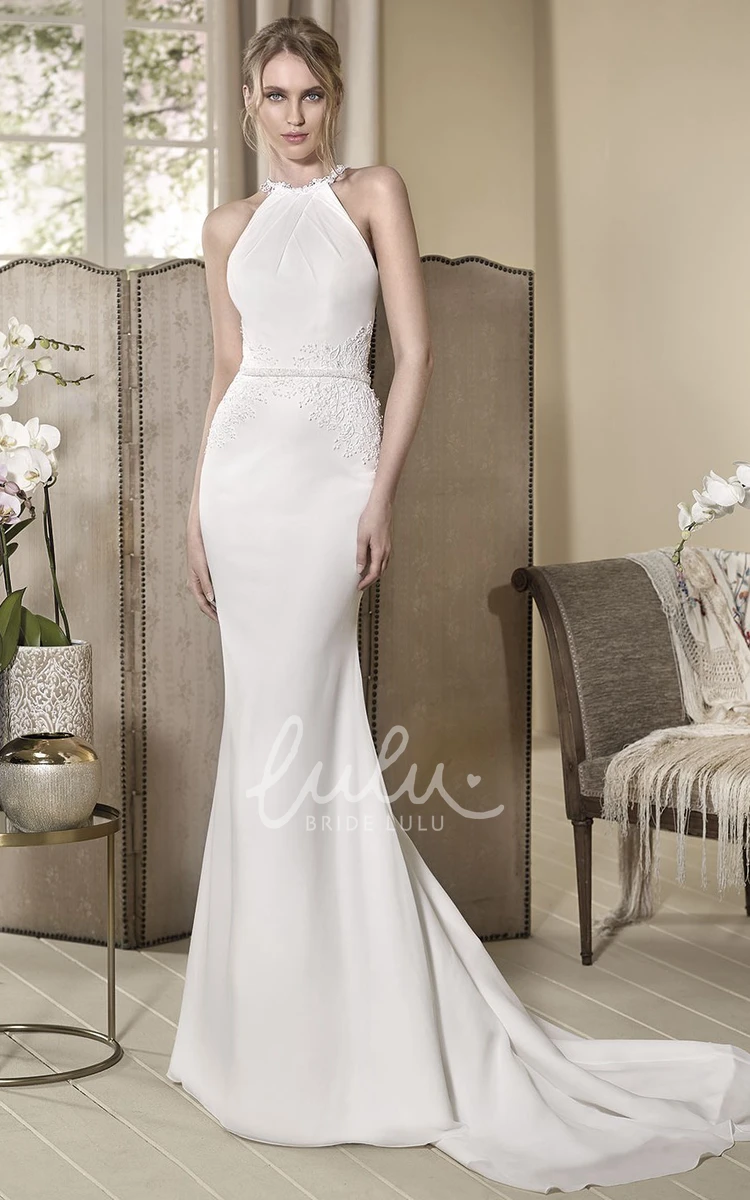 High-Neck Sleeveless Sheath Wedding Dress with Beading & Appliques