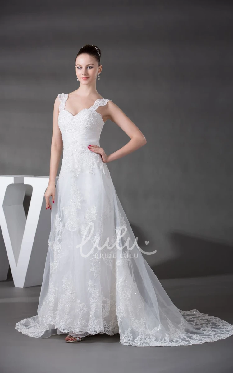 Lace A-Line Wedding Dress with Appliques Plunged Ruched Bridal Gown