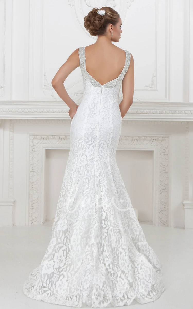 Sleeveless V-Neck Beaded Lace&Satin Sheath Wedding Dress Elegant Bridal Gown